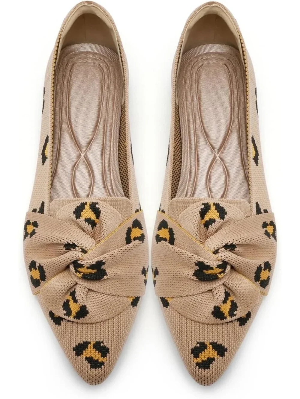 Women's Leopard Pointed Toe Ballet Flats with Bow Comfortable Knit Dressy Shoes